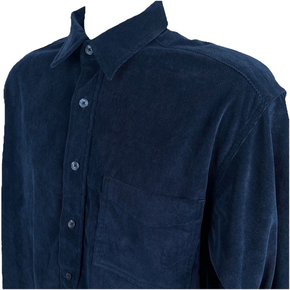 Vintage‎ 90s Corduroy Shirt Men's Medium Dark Blue Basic Options Long Sleeve - Picture 3 of 8